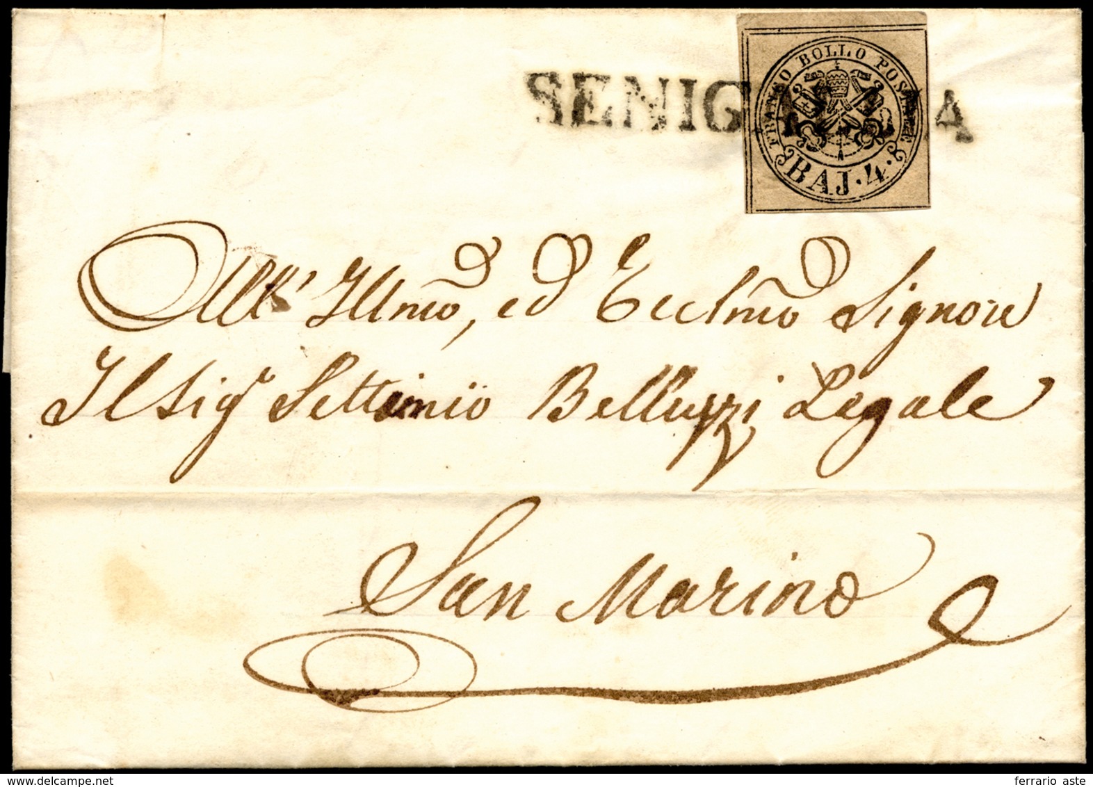 INCOMING MAIL 1852 - 4 Baj Bruno Grigio Chiaro (Pontificio 5), Perfetto E Ben Marginato, Su Lettera ... - ...-1877 Prephilately