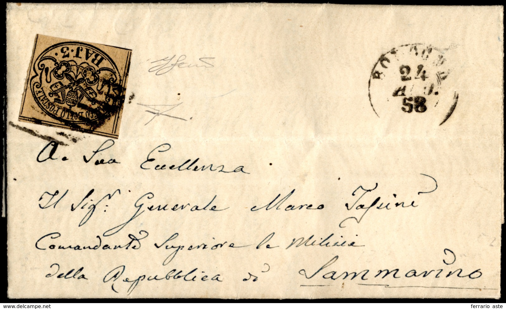 INCOMING MAIL 1858 - 3 Baj Bruno Rosaceo (4b), Perfetto, Su Lettera Da Bologna 24/8/1858 A San Marin... - ...-1877 Prephilately