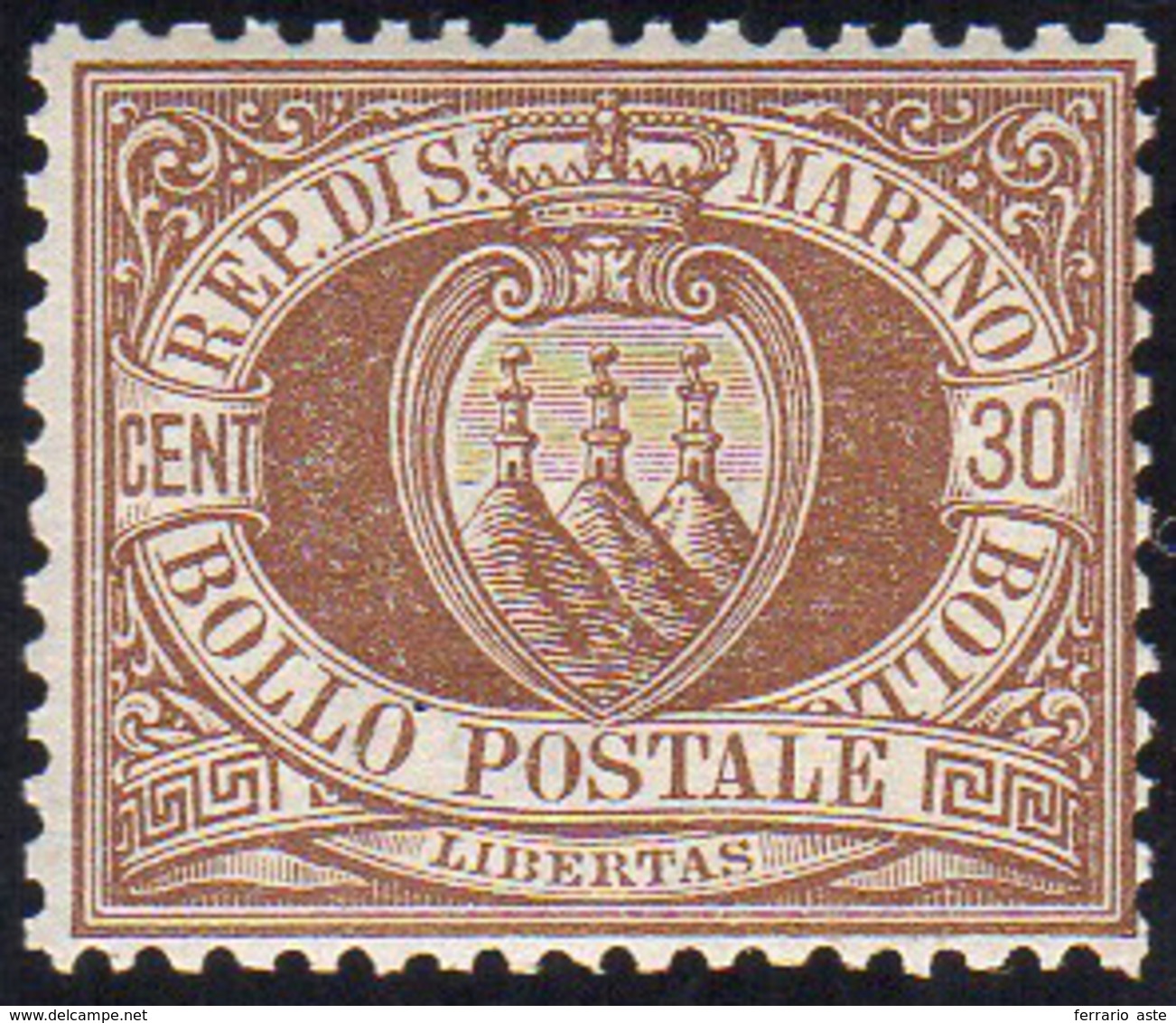 1877 - 30 Cent. Stemma (6), Buona/ottima Centratura, Gomma Integra, Perfetto. G.Bolaffi, Cert. Ferra... - Sonstige & Ohne Zuordnung