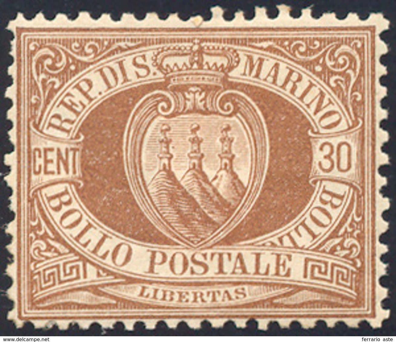 1877 - 30 Cent. Bruno Stemma (6), Gomma Originale, Perfetto, Ottima Centratura. Raro Così Ben Centra... - Other & Unclassified