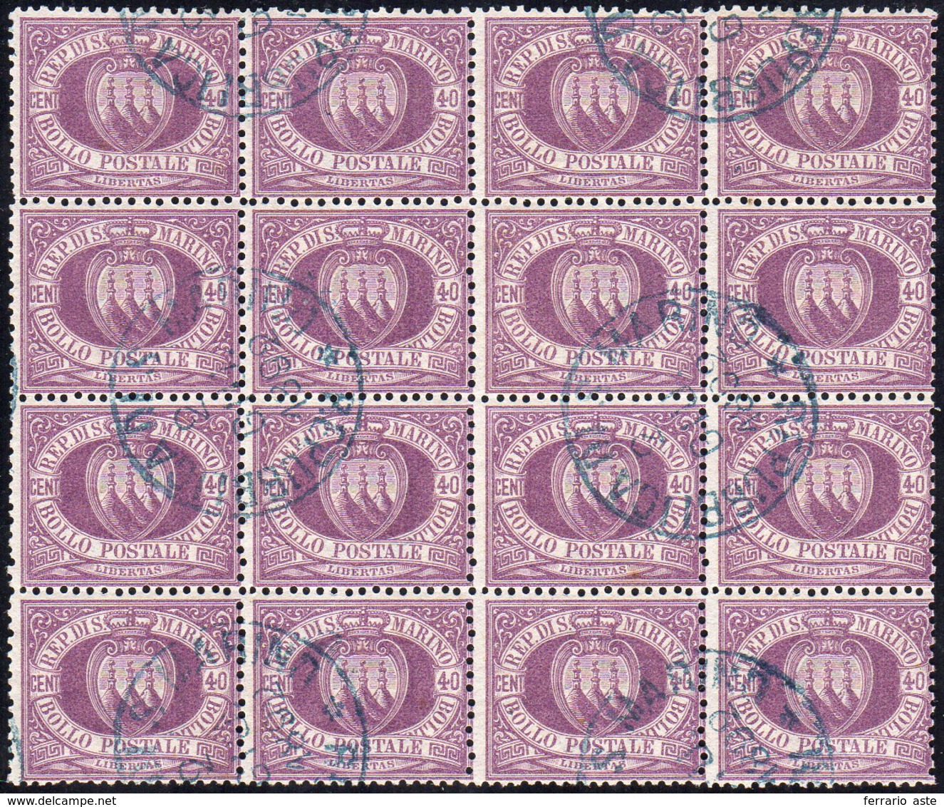 1877 - 40 Cent. Lilla Scuro Stemma (7), Blocco Di 16, Perfetto, Usato. Eccezionale, Massimo Multiplo... - Sonstige & Ohne Zuordnung