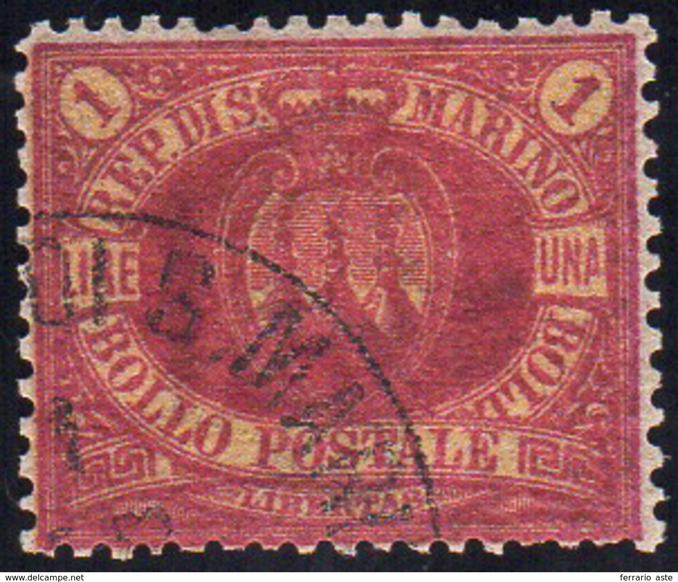 1892 - 1 Lira Carminio Su Giallo Stemma (20), Usato, Perfetto. Cert. A. Ed E.Diena.... - Other & Unclassified