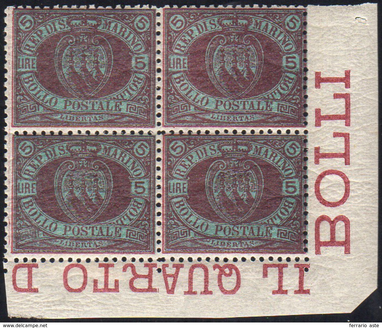 1894 - 5 Lire Stemma (22), Blocco Di Quattro, Angolo Di Foglio, Due Esemplari Con Ottima Centratura,... - Other & Unclassified