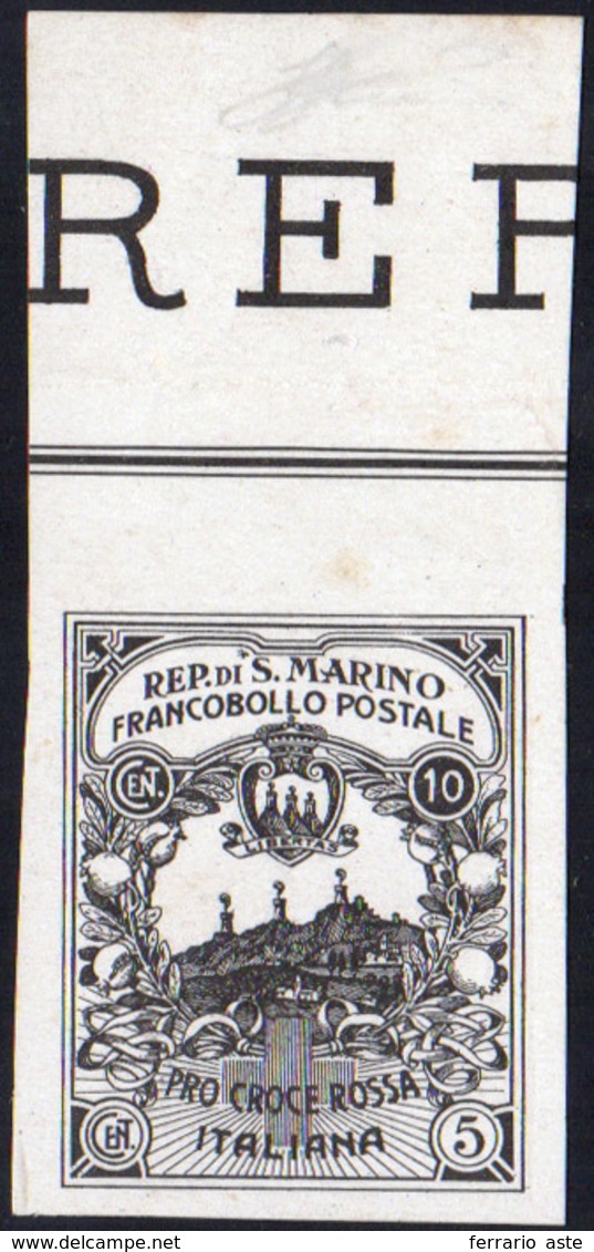 1916 - 10 + 5 Cent. Croce Rossa, Prova Di Stampa In Nero, Non Dentellata (CEI P50A, € 1.250+), Bordo... - Sonstige & Ohne Zuordnung