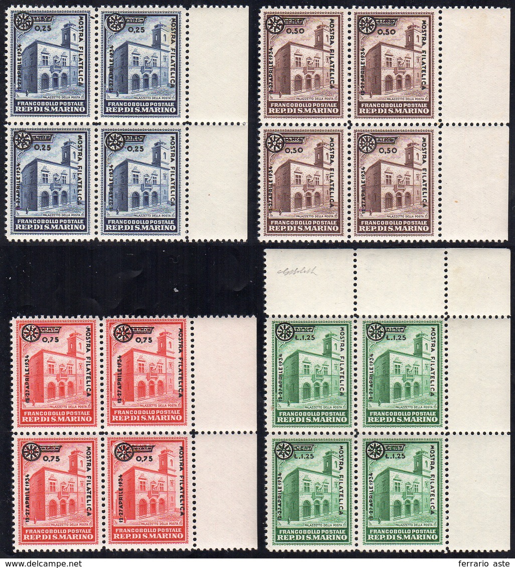 1934 - Soprastampati Fiera Di Milano (180/183), Blocchi Di Quattro, Gomma Integra, Perfetti. Cert. G... - Sonstige & Ohne Zuordnung