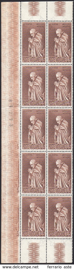 1958 - 5 Lire Canova (243), Blocco Verticale Di 10 Esemplari Con Stampa Della Cifra "5" Ripetuta Sul... - Sonstige & Ohne Zuordnung