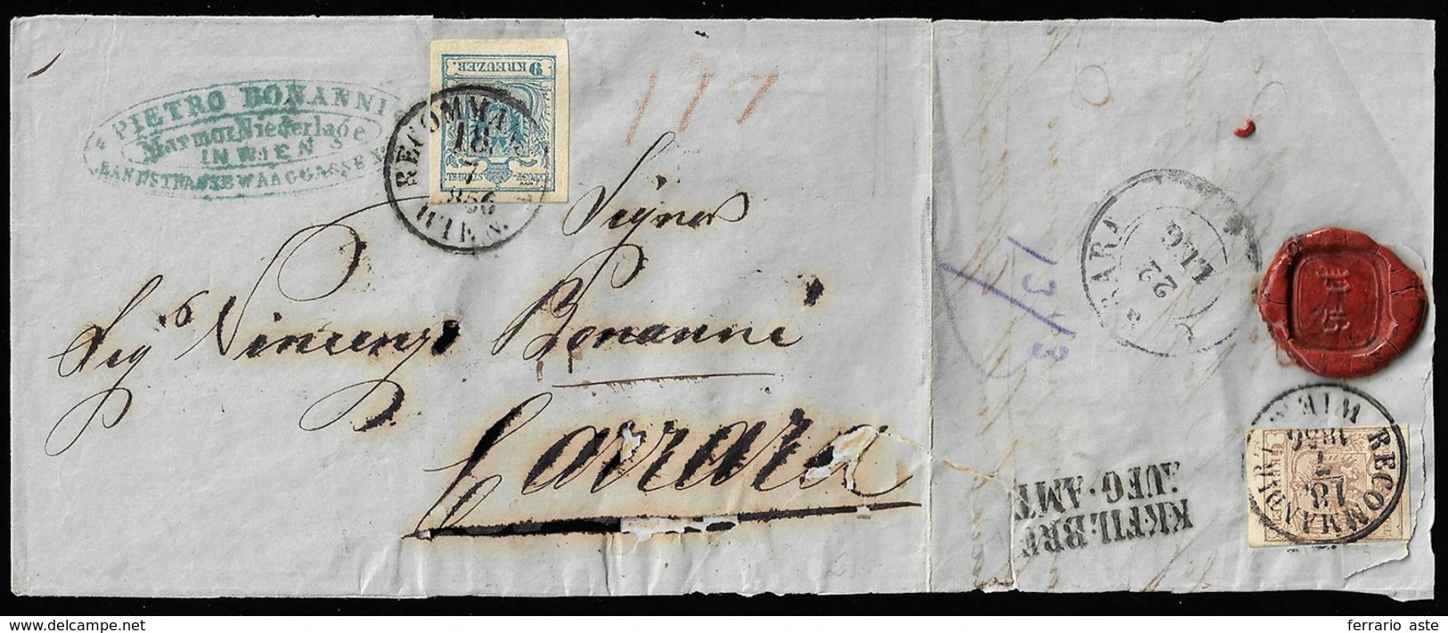 AUSTRIA 1856 - 9 K. Azzurro, Perfetto, E Al Verso 6 K. Bruno, Ritagliato Lungo I Margini Verticali, ... - Europe (Other)