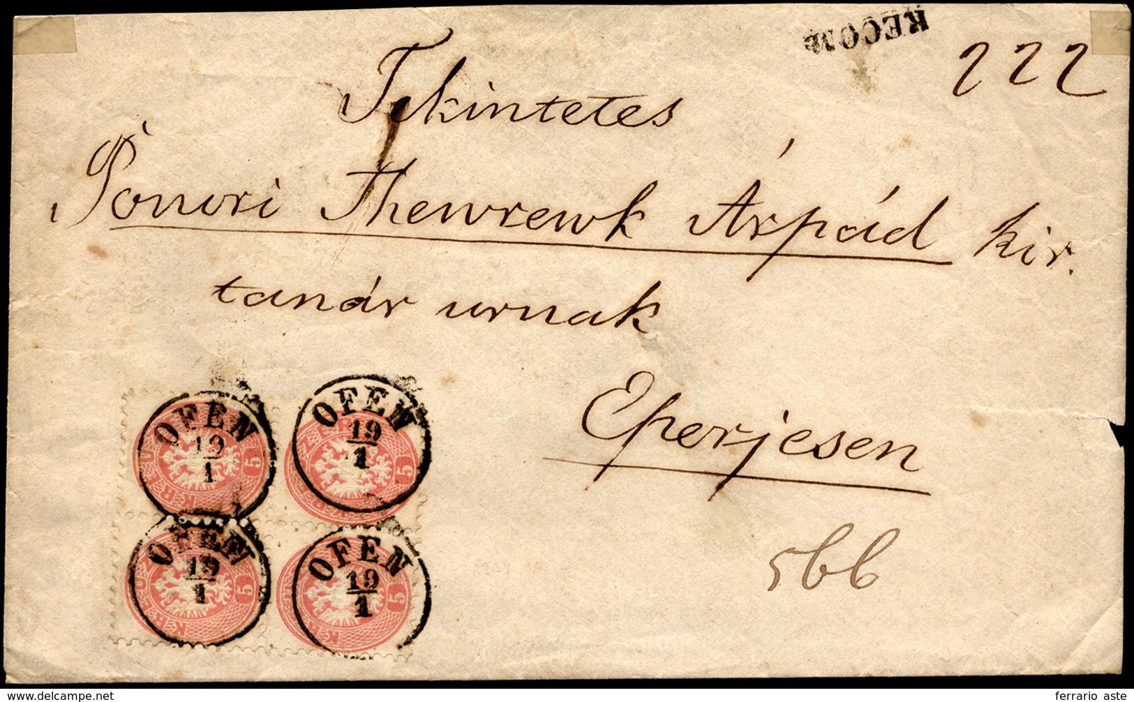 AUSTRIA 1864 - 5 K. Rosa, Dent. 9 1/2 (29), Blocco Di Quattro, Perfetto, Su Busta Raccomandata Da Of... - Sonstige - Europa