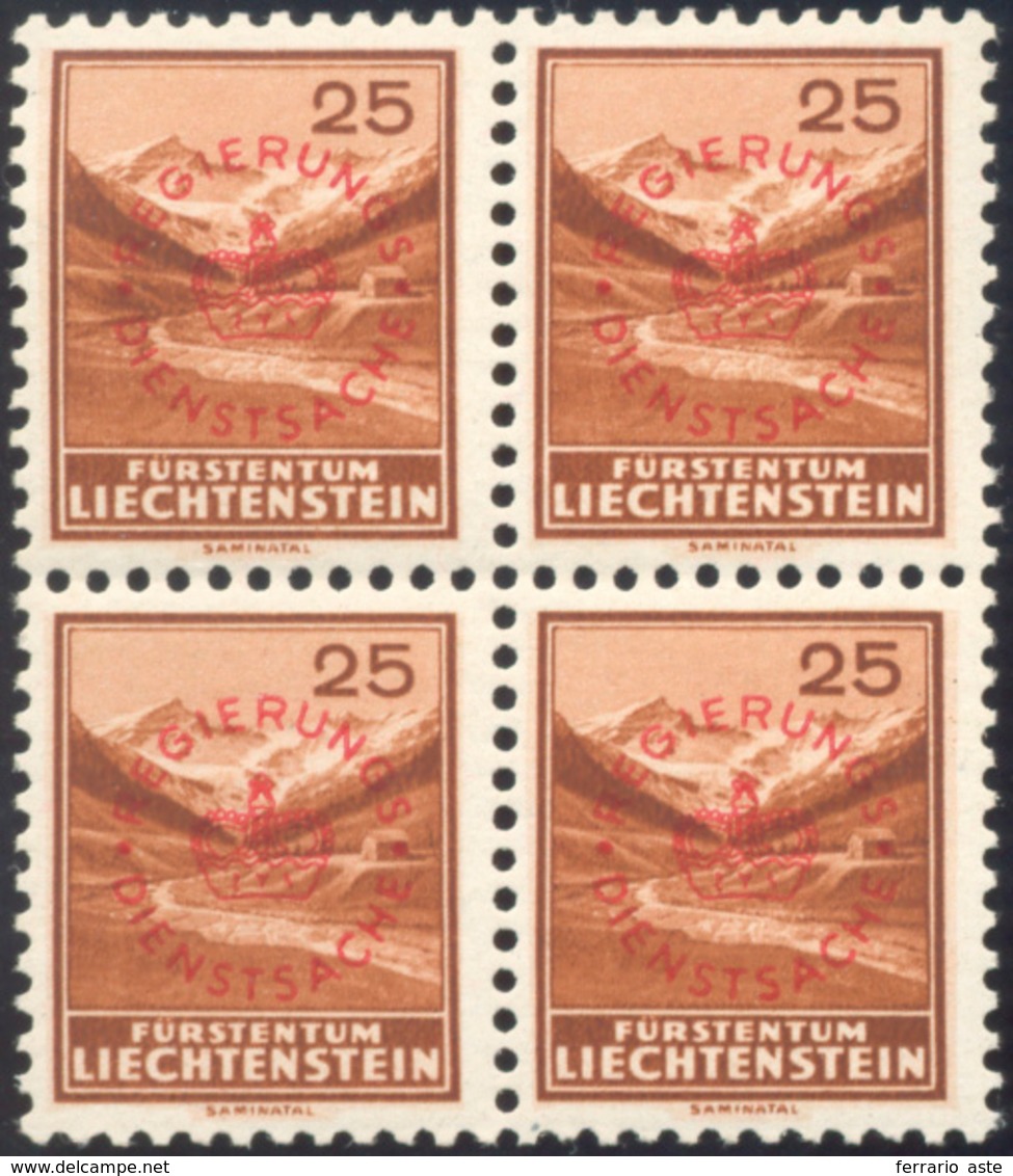 LIECHTENSTEIN SERVIZIO 1935 - 25 R. Soprastampa Rossa, Blocco Di Quattro (16a), Gomma Originale Inte... - Europe (Other)