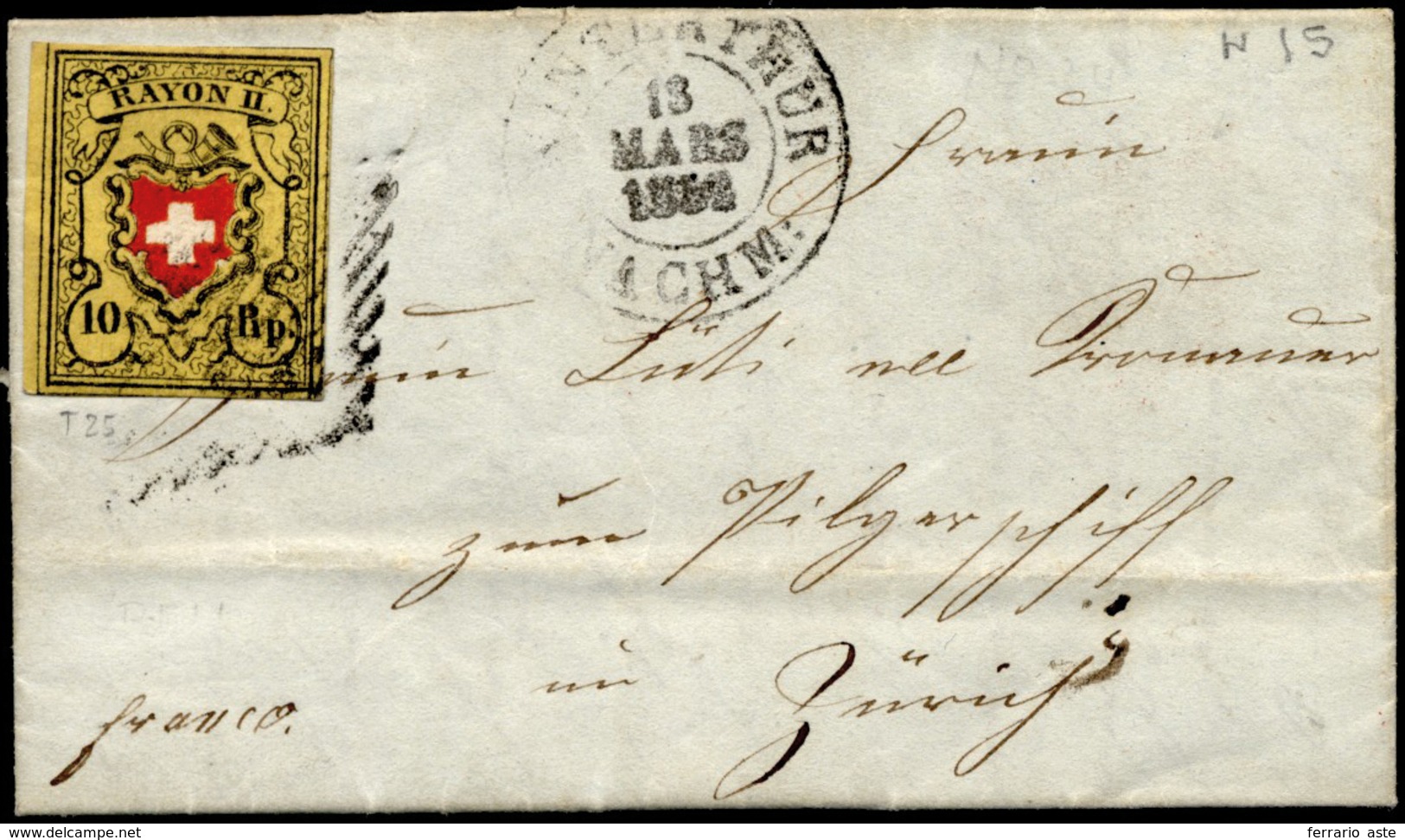 SVIZZERA 1852 - 10 R. Rayon II (15), Perfetto, Su Lettera Da Winterthur 13/3/1852 Per Zurigo. Bella!... - Sonstige - Europa