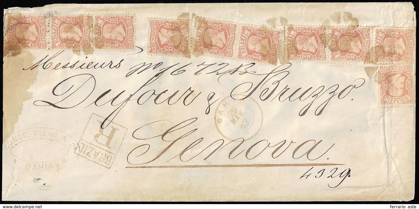 BRASIL 1881 - Registered Envelope From Bahia, March 29 1883 To Genoa, Franked With 200 Reis (50) Two... - Sonstige & Ohne Zuordnung