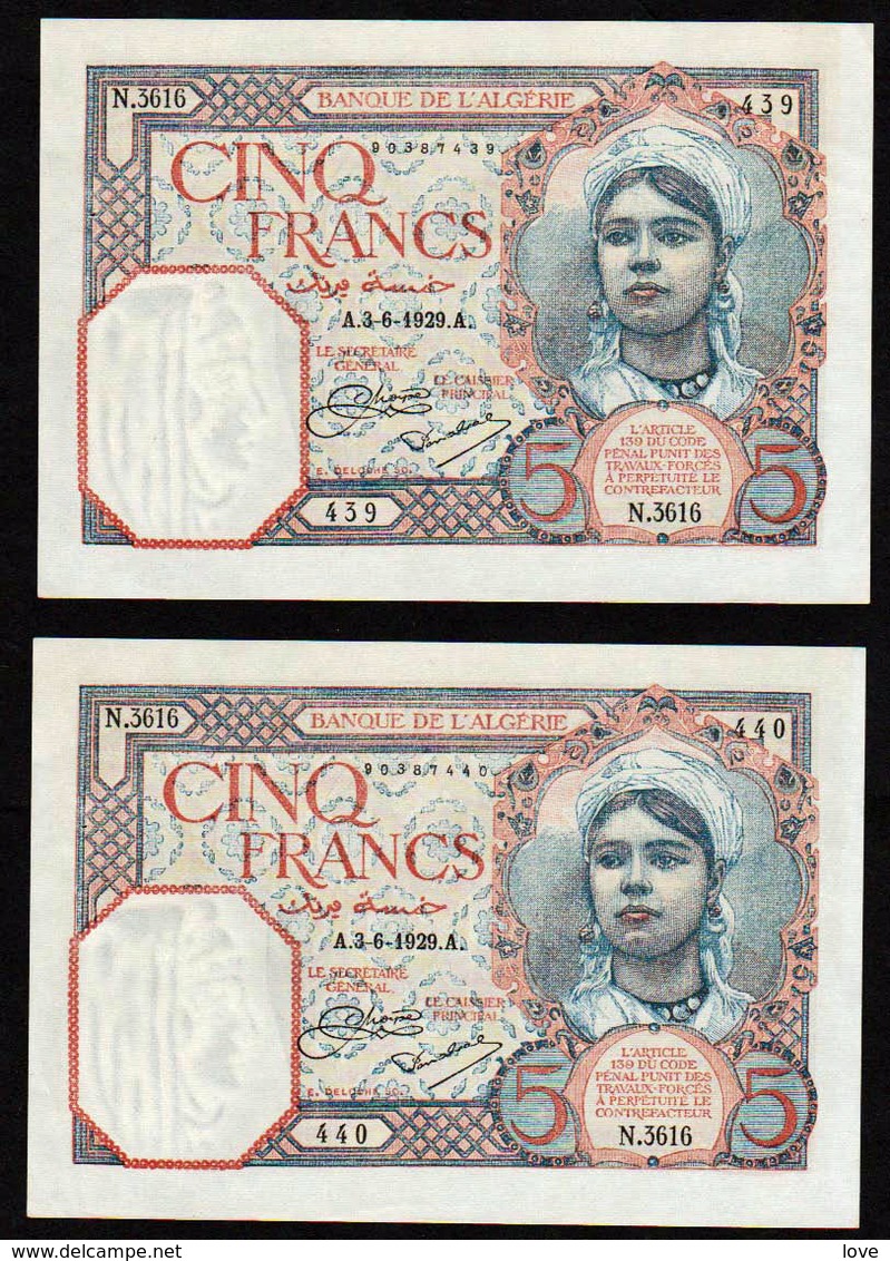 ALGERIE: Bon Lot De 2 Billets N°77a (bonne Date 03/06/1929) Les Numéros Se Suivent. 5F Algérienne. - Algérie