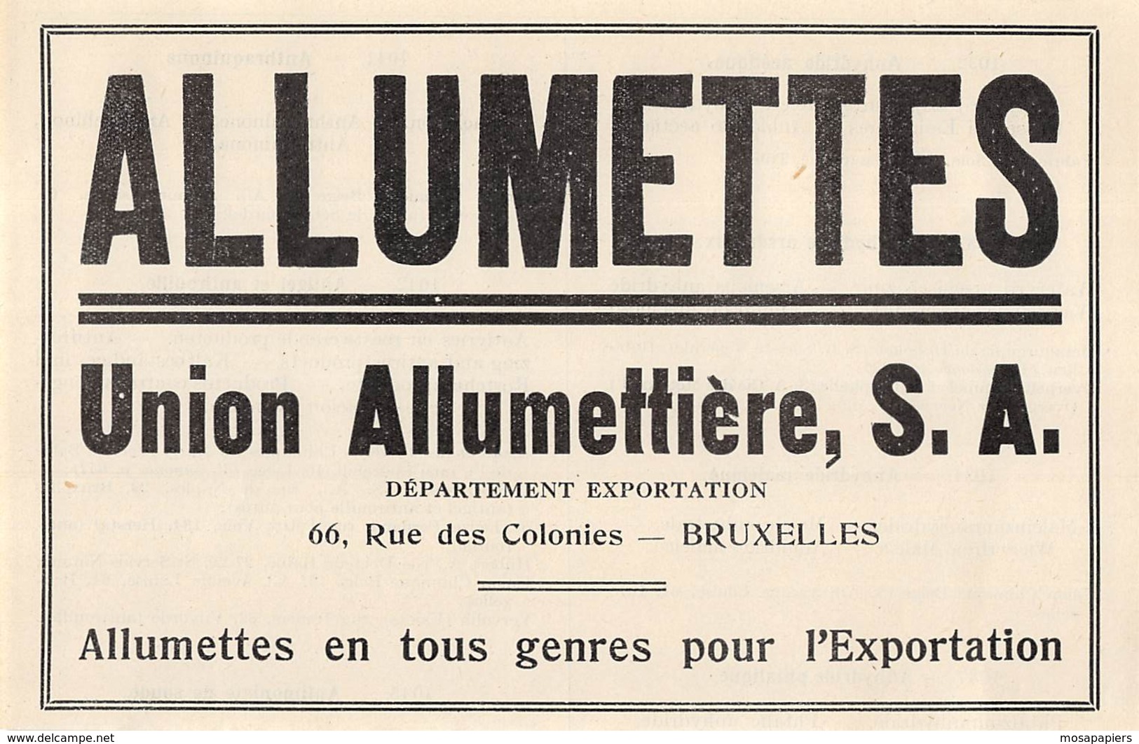 1947 - BRUXELLES - Rue Des Colonies - Allumettes - Union Allumettière S.A. - Dim. 1/2 A4 - Publicités