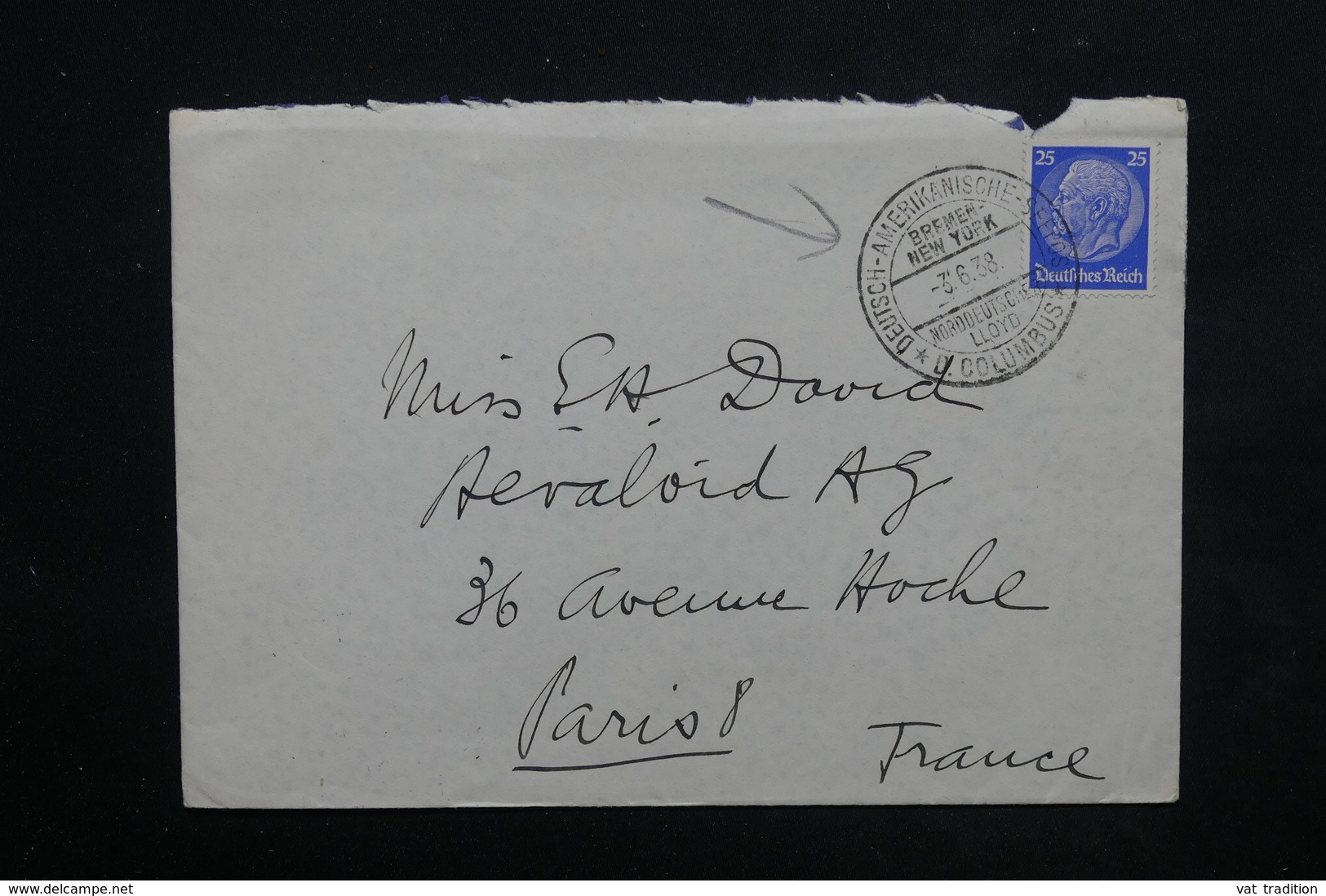 ALLEMAGNE - Oblitération Maritime " Deutsch Americanische Bremen New York " En 1938 Sur Enveloppe Pour Paris - L 23913 - Lettres & Documents