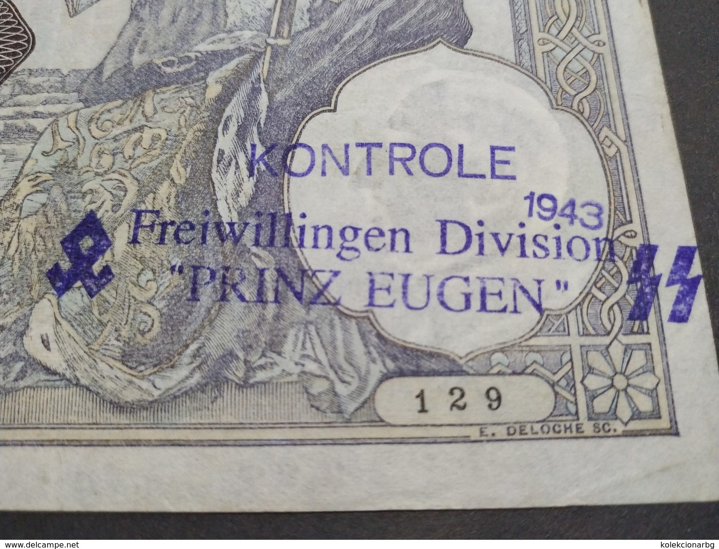 WERSCHETZ- SS DIVISION PRINZ EUGEN-BANKNOTE OVERPRINT 100 Dinara 1941. - Tweede Wereldoorlog