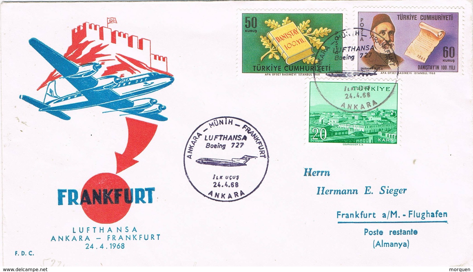 31603. Carta First Flight ANKARA (Turquia) 1968 A Frankfurt. Boeing 727 Lufthansa - Posta Aerea