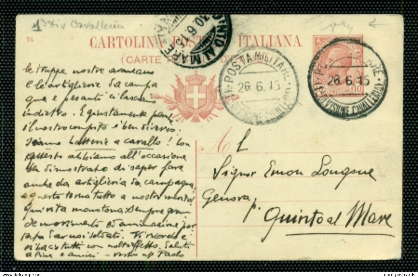 POSTA MILITARE -POSTA MILITARE  1^ DIVISIONE CAVALLERIA - 5 PUNTI- INTERO POSTALE C36/14- PER QUINTO AL MARE - Posta Militare (PM)