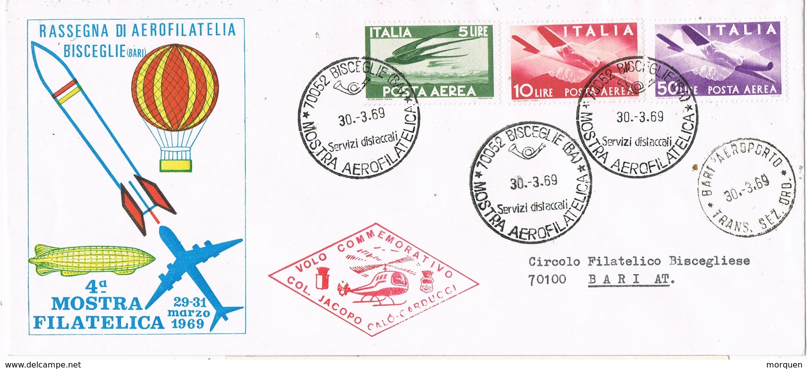 31604. Carta First Flight BISCEGLIE (Ba) Italia 1969. Vuelo Conmemorativo Jacopo Caló Carducci - Posta Aerea