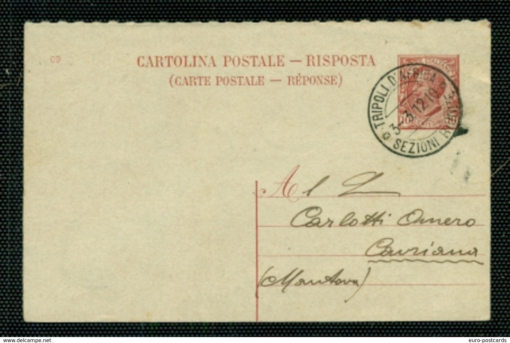 INTERI POSTALI-CARTOLINA POSTALE N. 37 - DA TRIPOLI D'AFRICA PER CAVRIANA - Interi Postali