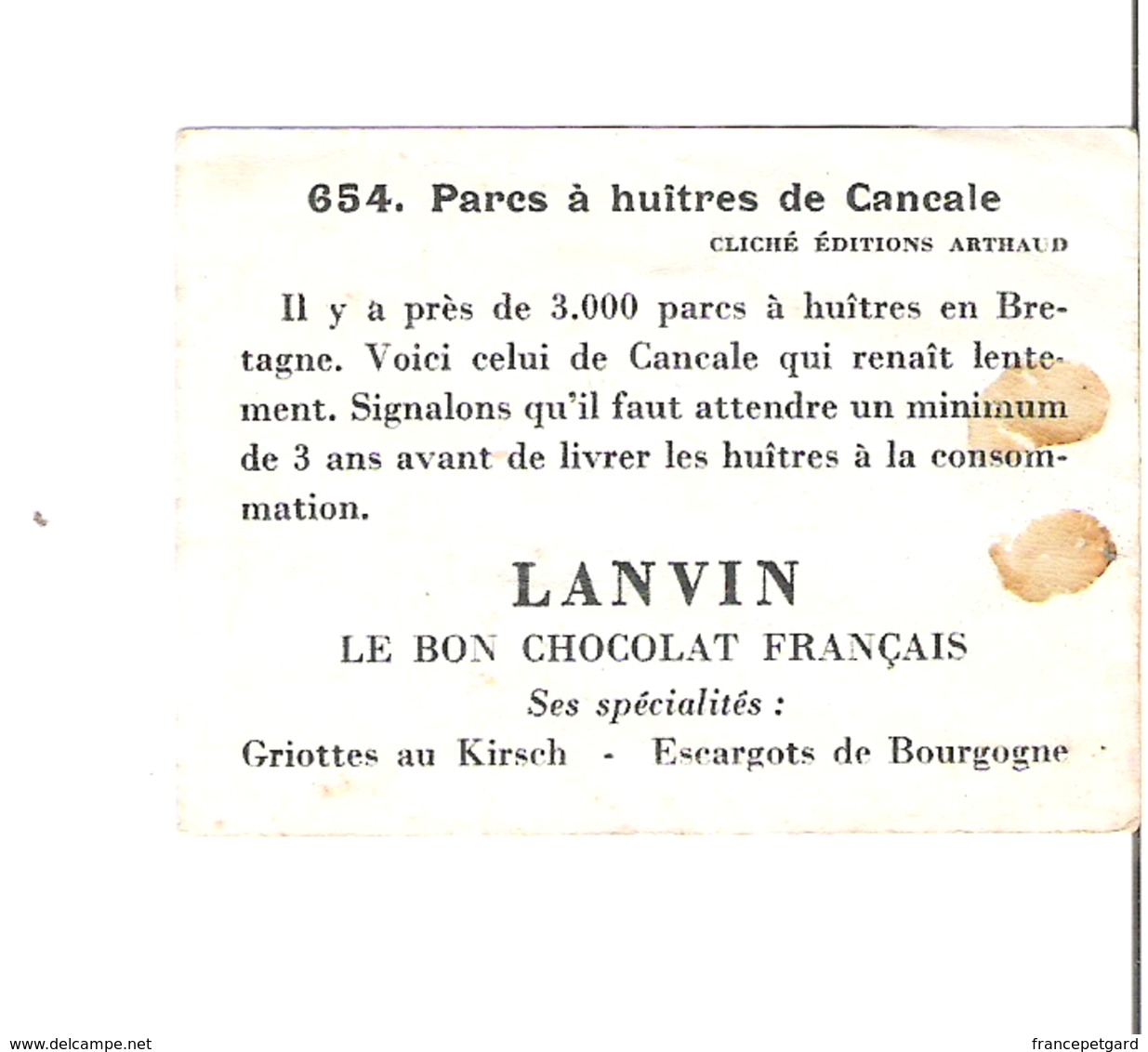 Chocolat LANVIN Dijon    Huitres De Cancale - Autres & Non Classés