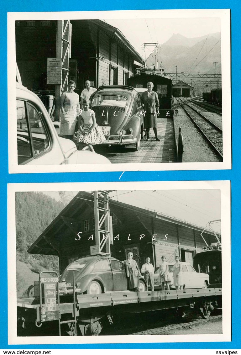 Suisse * Gare Kandersteg Train Lotschberg, Goppenstein, Brigue, Voiture VW * 2 Photos Originales 1959 - Voir Scans - Luoghi
