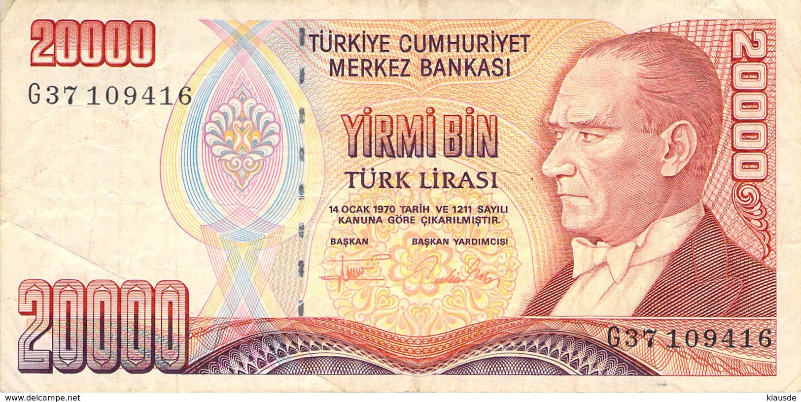 20.000 Türk Lira Banknote Türkei 1970 - Türkei