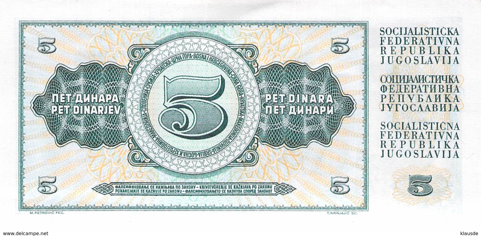 5 Dinar Banknote Jugoslawien 1968 - Joegoslavië