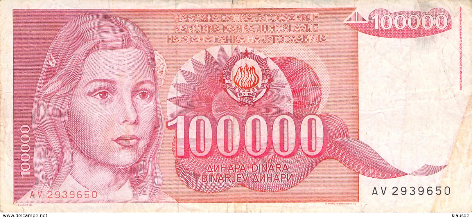 100.000 Dinar Banknote Jugoslawien 19898 - Jugoslawien