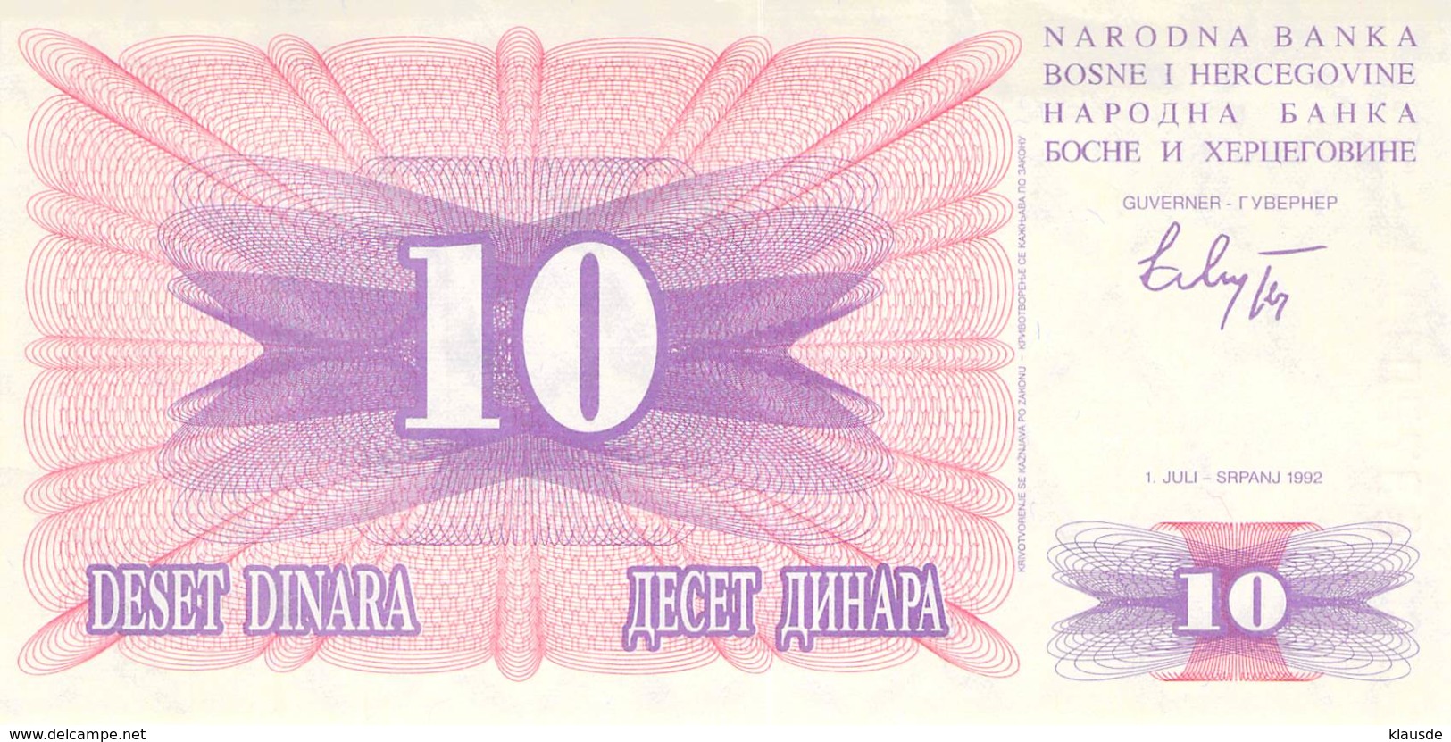 10 Dinar Banknote Bosnien-Herzogowina 1992 - Bosnien-Herzegowina