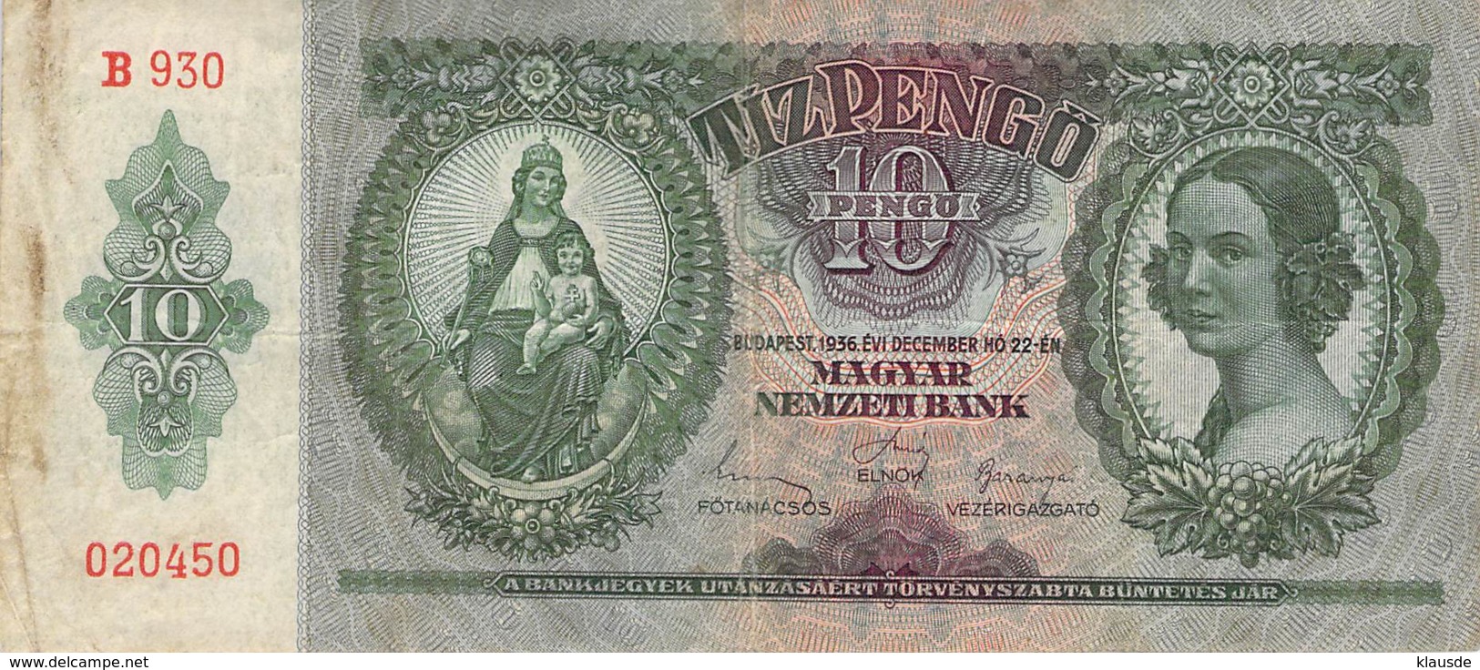 10 Pengo Banknote Ungarn 1936 - Ungarn