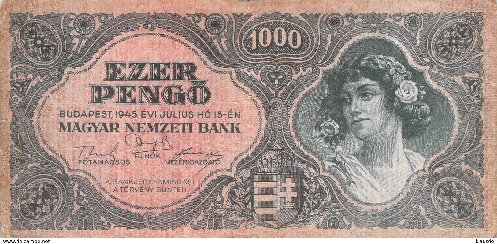 1000 Pengo Banknote Ungarn 1945 - Ungarn