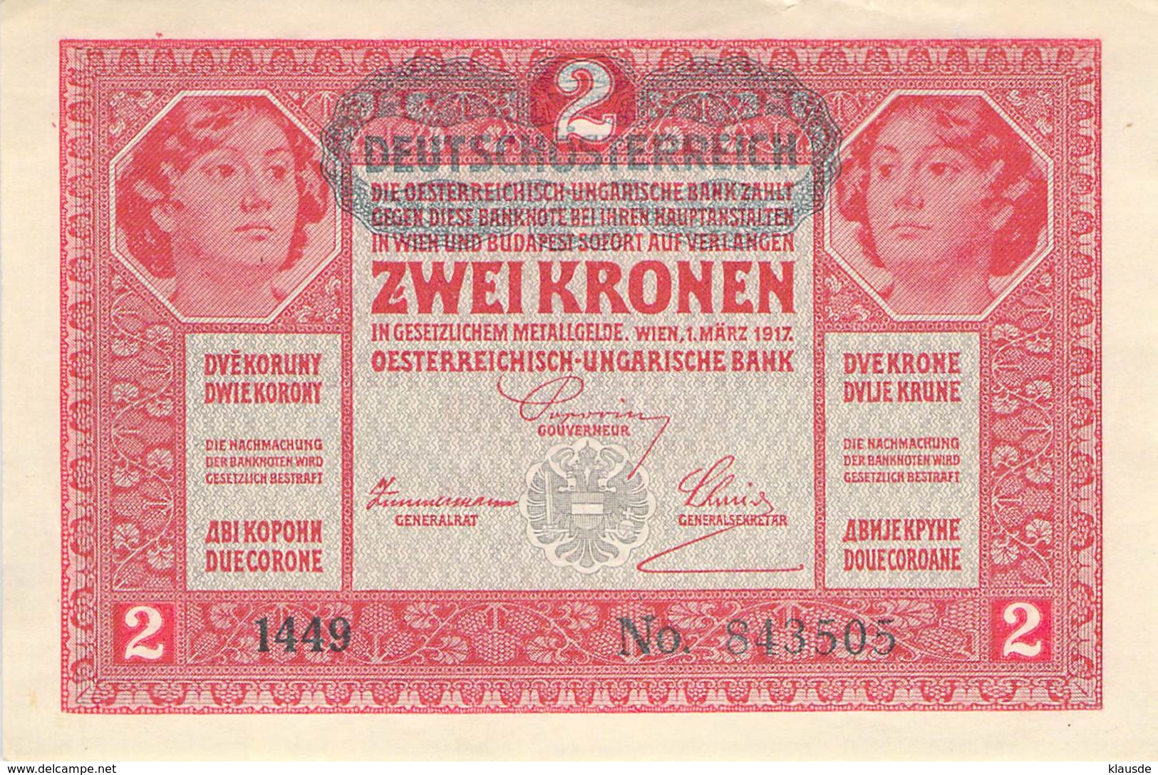 2 Kronen Banknote Deutsch-Österreich 1917 - Oesterreich