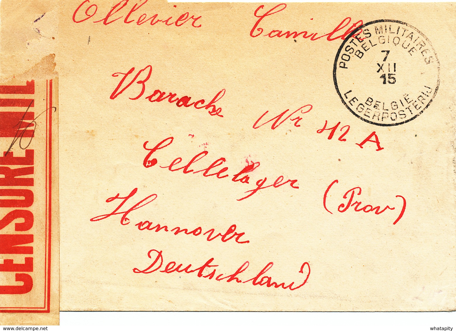 601/28 - CENSURE MILITAIRE BELGE - Bande Bicolore Encadrée Sur Lettre PMB 1915 Vers Un Prisonnier à HANNOVER - Kriegsgefangenschaft