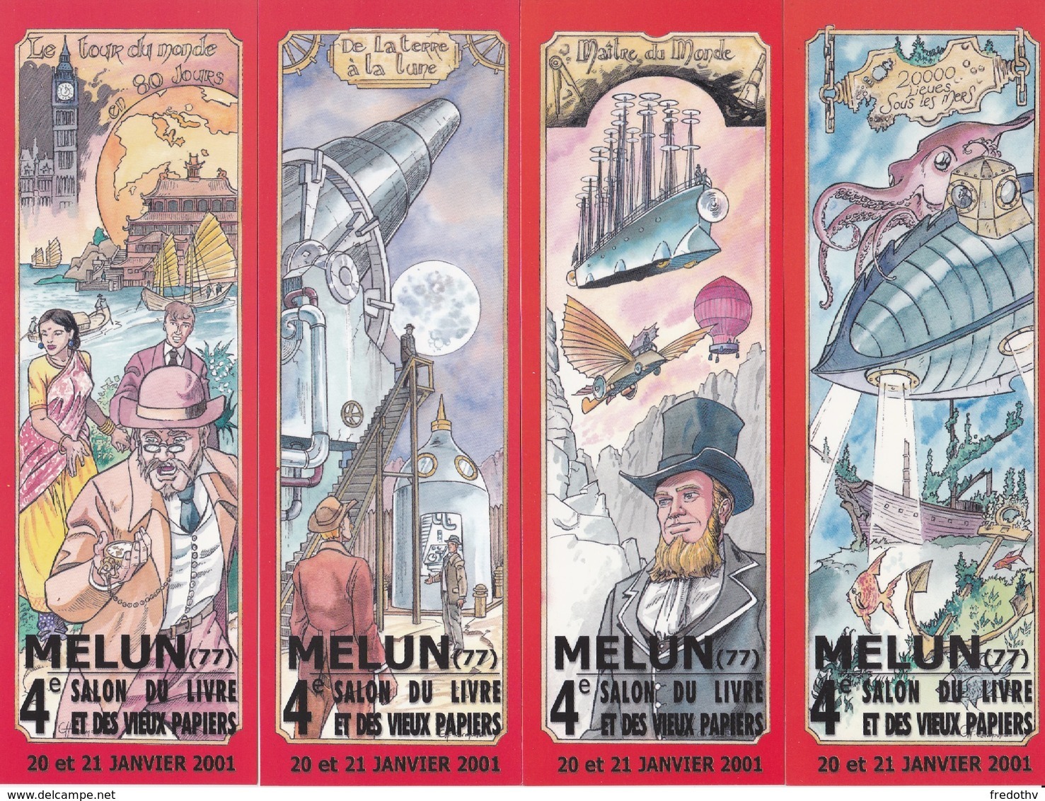 4 MELUN MARQUE PÄGE, MARQUE PAGES 4 Marques Pages, Bookmark, Signet, Illustrateur CARMONA "JULES VERNE" - Marque-Pages