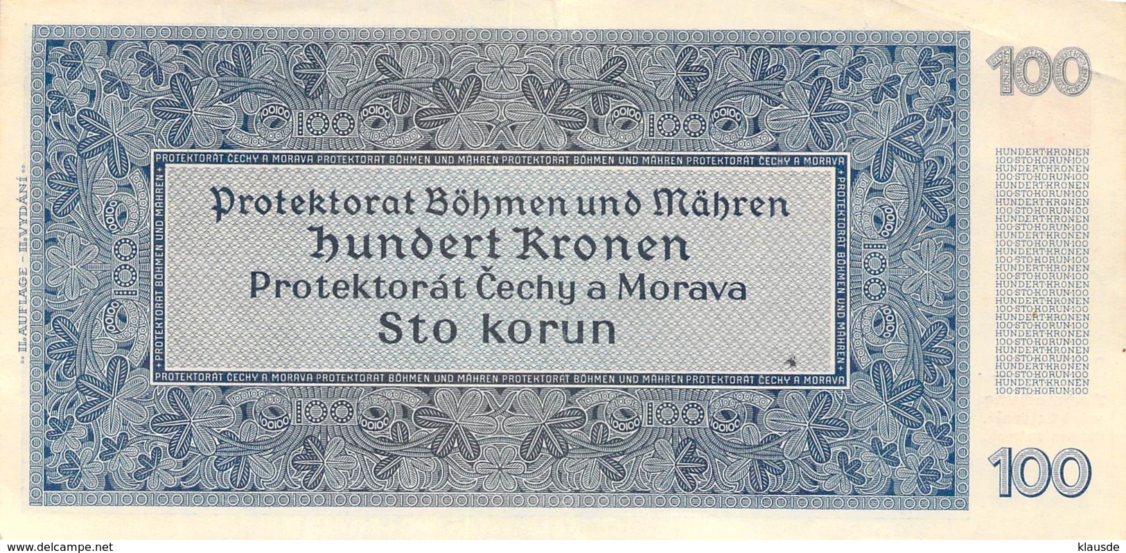 100 Kronen Banknote Böhmen Und Mähren 1940 - Segunda Guerra Mundial