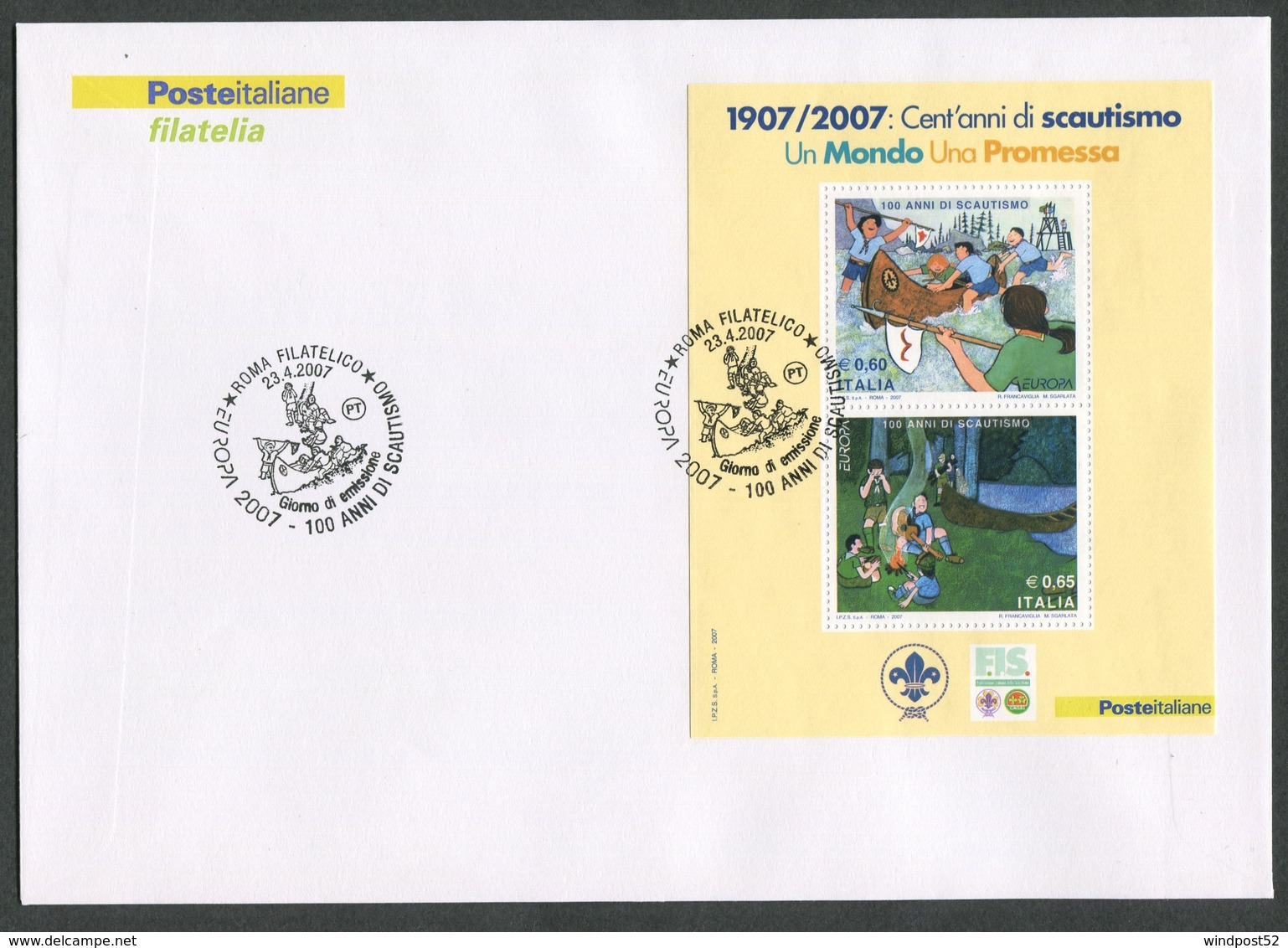 FDC ITALIA 2007 - BUSTONE CON FOGLIETTO - EUROPA CEPT 2007 - 100 ANNI DI SCAUTISMO - 287 - FDC