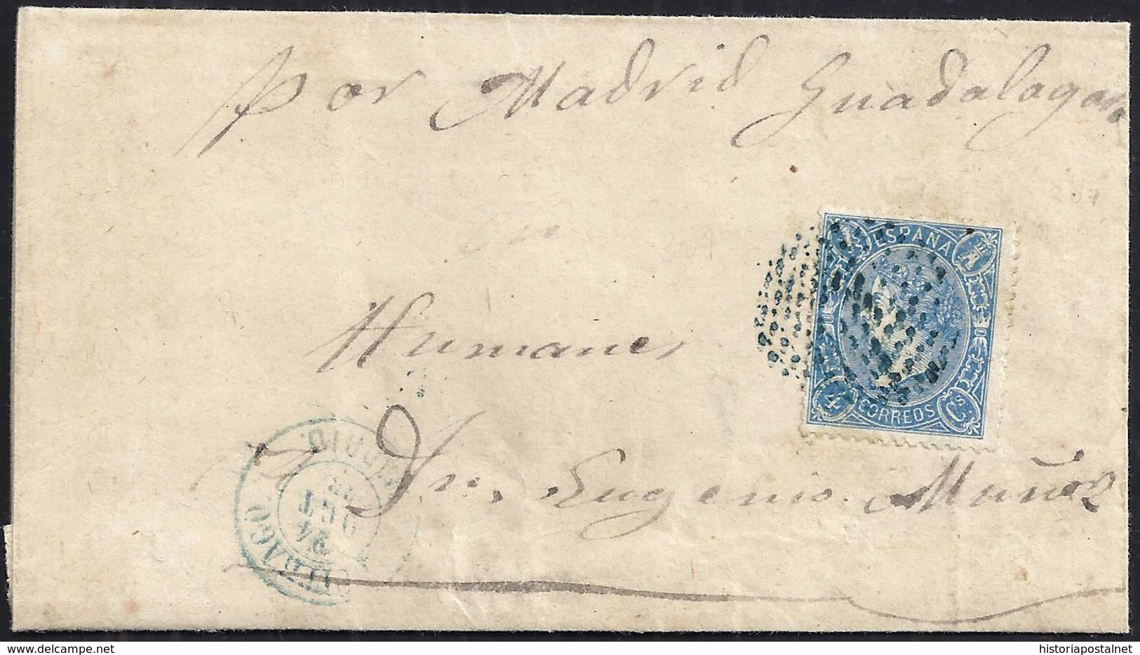 1865. SAN MAMÉS A HUMANES. 4 CUARTOS AZUL ED. 75. MAT. CÍRCULO DE PUNTOS AZUL BUITRAGO. MAGNÍFICA. CARTA COMPLETA. - Covers & Documents