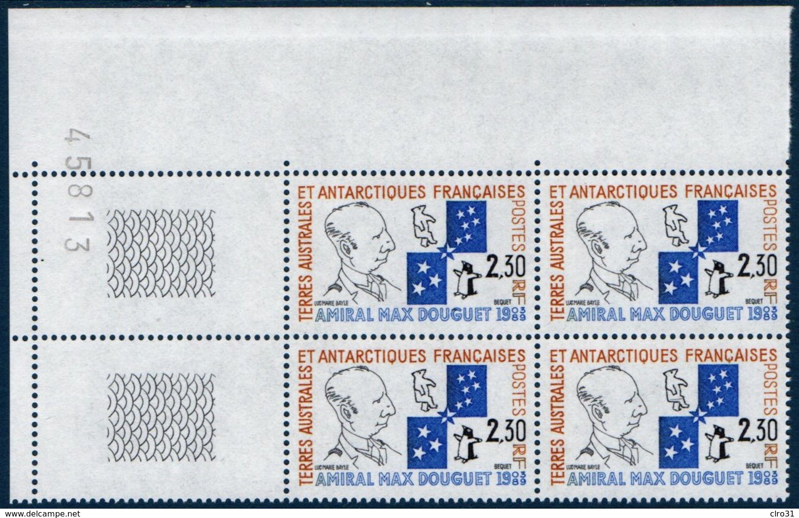 TAAF 1991  Hommage à L'amiral Max Douguet   N°YT 157  Bloc De 4   Coin De Feuille  ** MNH - Unused Stamps