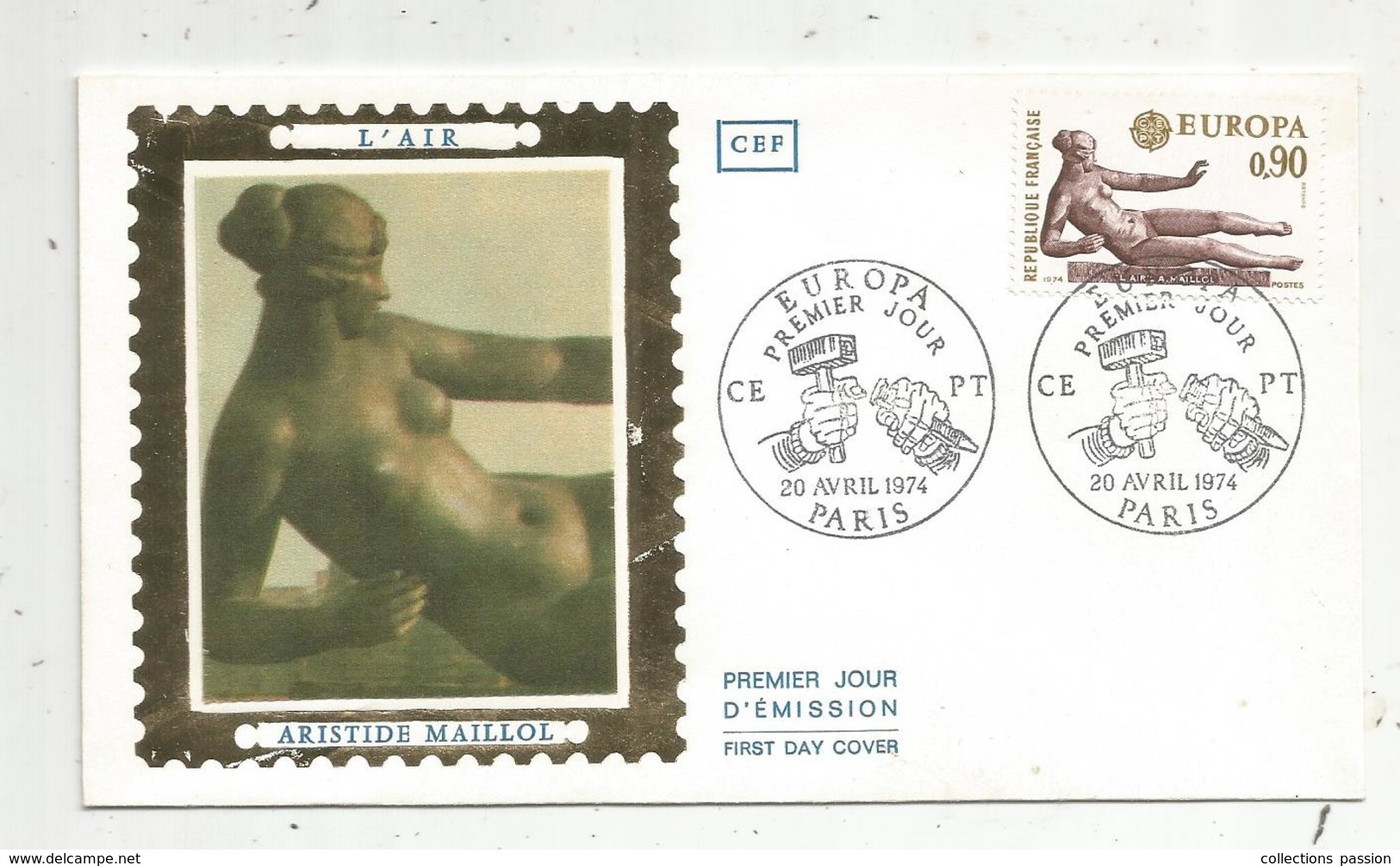 Premier Jour D'émission ,FDC , L'AIR , Aristide MAILLOL ,EUROPA , 1974 , PARIS , Arts ,peinture & Tableaux - 1970-1979