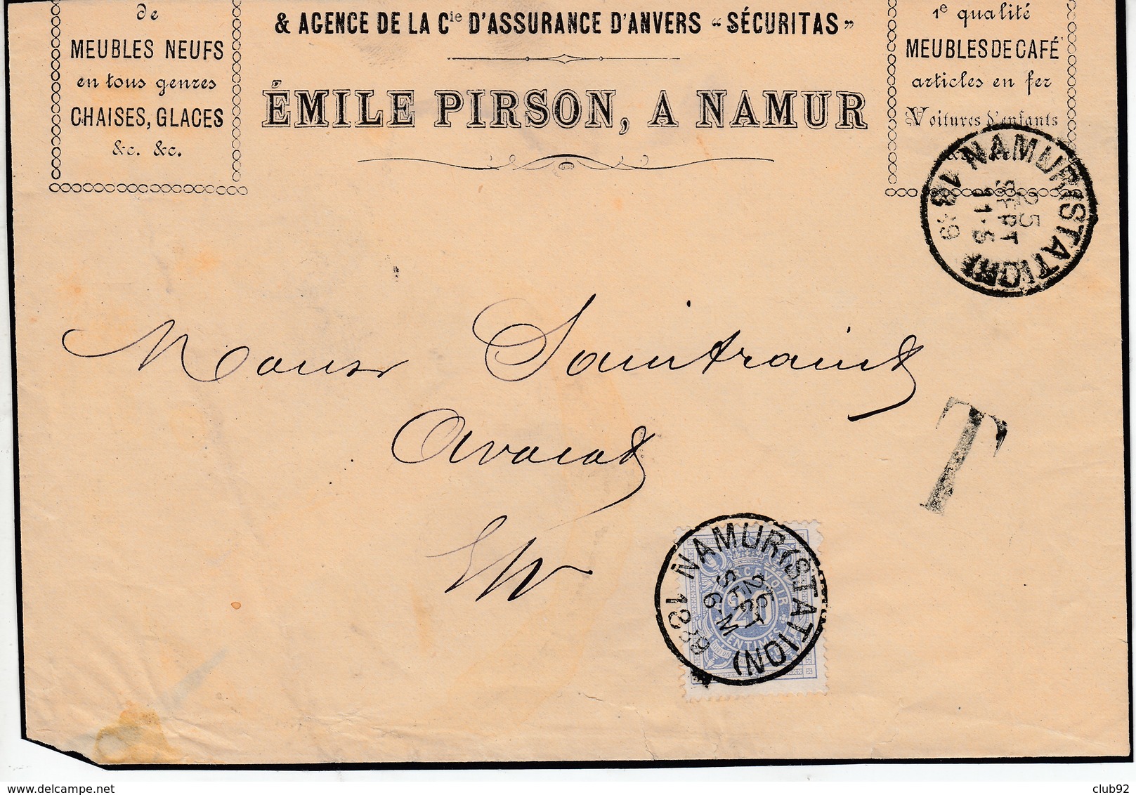 Lettre Non Affranchie De Sc Namur ( Station ) 25 SEPT 1880 / 11-s -> Ev + Griffe "T" Et Appiosition Du TTX N0 2 ( 20 Cts - Lettres & Documents