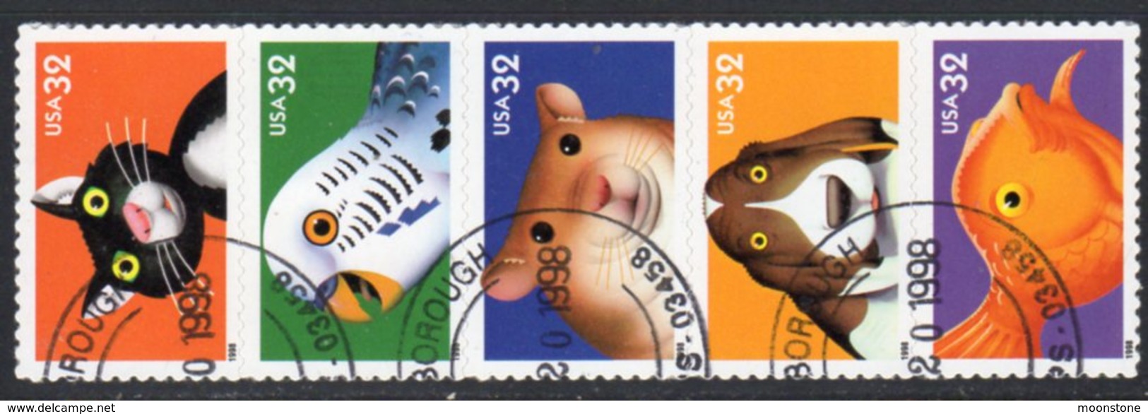 USA 1998 'Bright Eyes' Cartoon Animals Strip Of 5, Used, SG 3470/4 - Usati