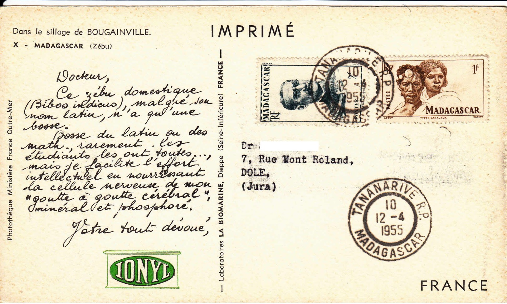 MADAGASCAR - 1955 -"dear Doctor Card" -  Ionyl - Lettres & Documents