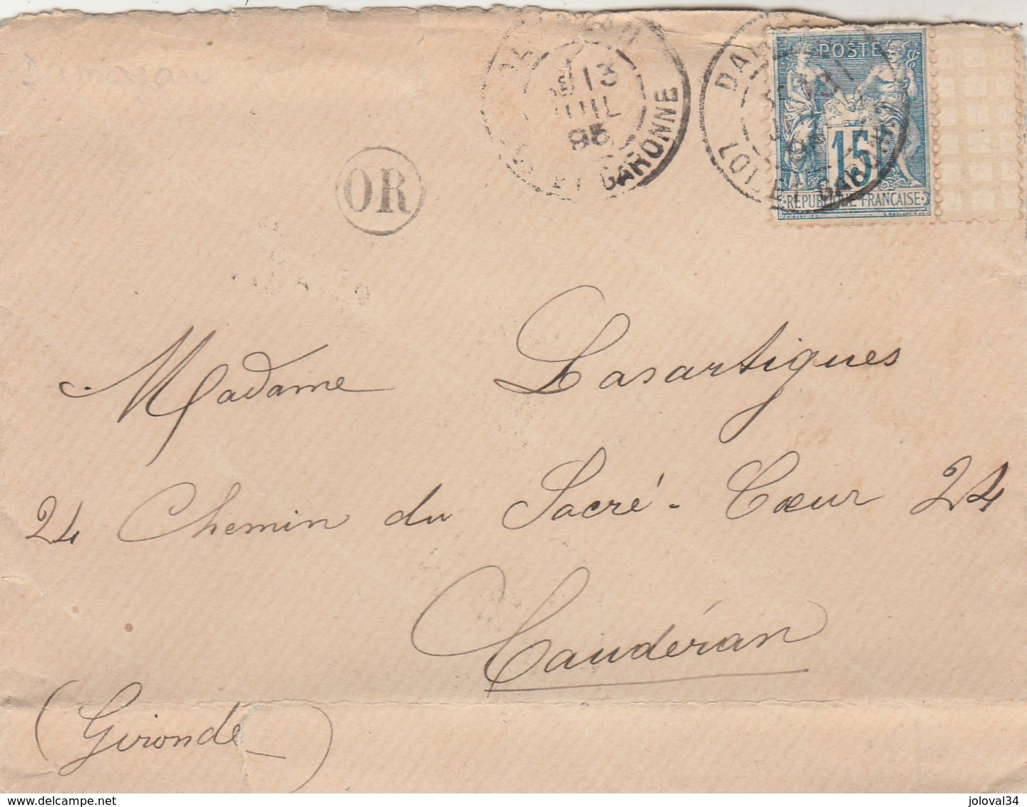 Yvert  101 Sage Avec Interpanneau Sur Lettre DAMAZAN Lot Et Garonne 3/7/1895 Cachet OR Origine Rurale - Caudéran Gironde - 1877-1920: Semi Modern Period