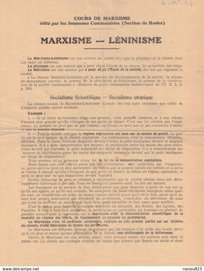 AVEYRON RODEZ HISTOIRE POLITIQUE SYNDICALISME PARTI COMMUNISTE FRANCAIS FFI TRACT PROPAGANDE MARXISME LENINISME - Historische Documenten