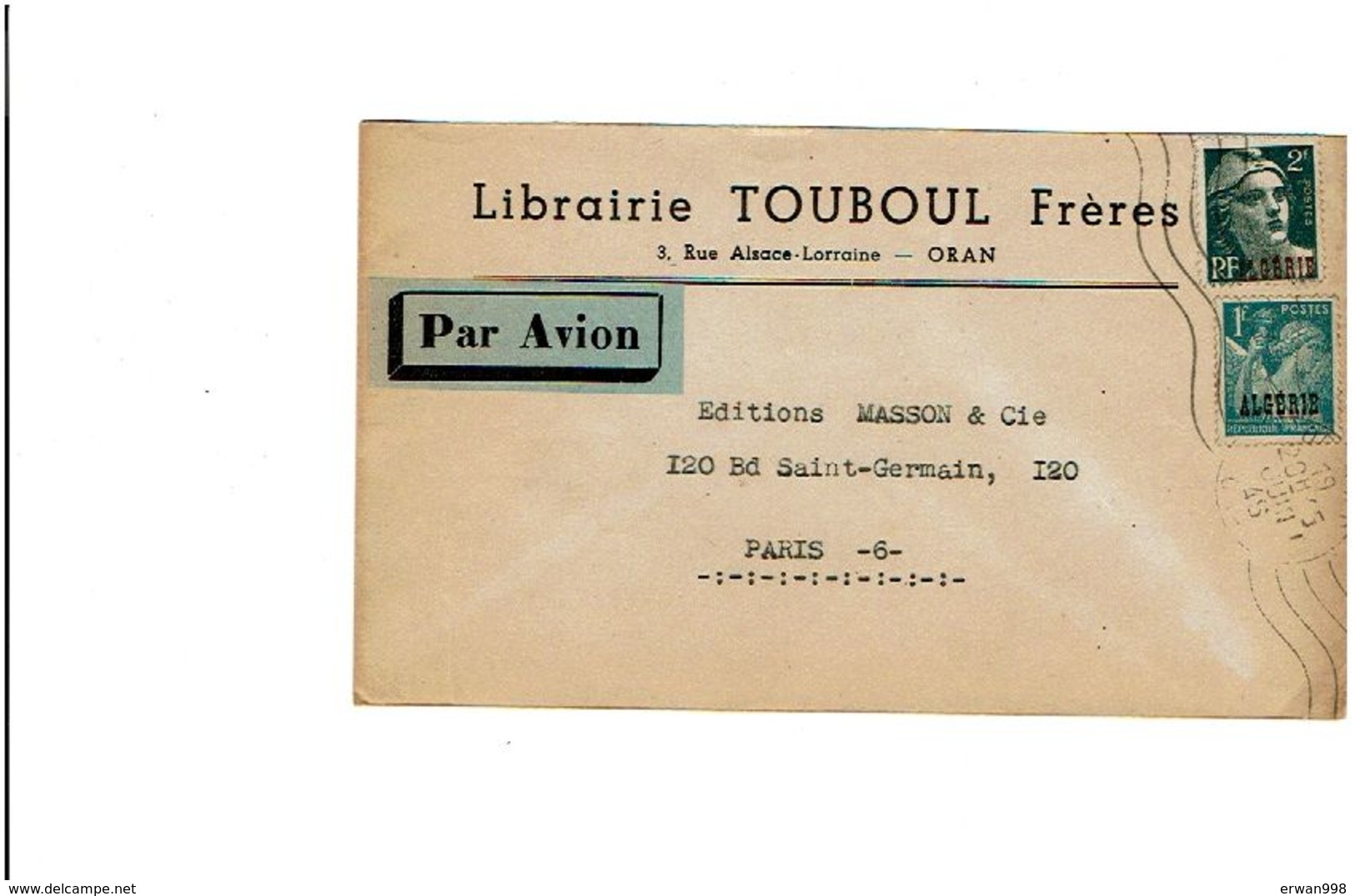 ORAN Flamme 5 LO Du 19/6/1945 S/ Gandon 2fr & Iris 1fr Surchargés Algérie Enveloppe Librairie Touboul à Oran   890 - Lettres & Documents