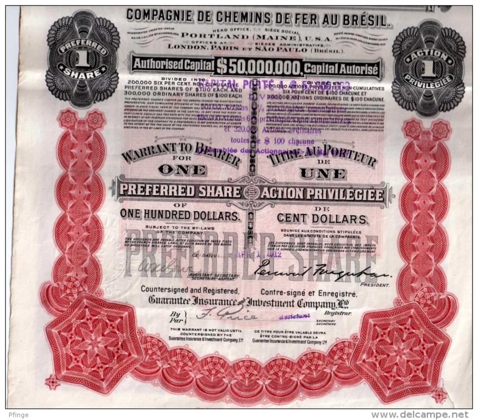 Brazil Railway Company - Compagnie De Chemins De Fer Au Brésil - Action Privilégiée De  100 Dollars - Chemin De Fer & Tramway