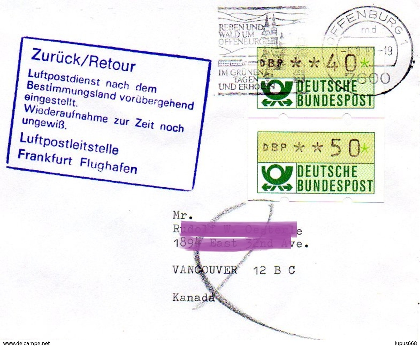 BRD 1981  Brief Nach Vancouver, KANADA, Dt. Stempel  "Luftpostdienst Vorübergehend Eingestellt"  (Poststreik) - Posta