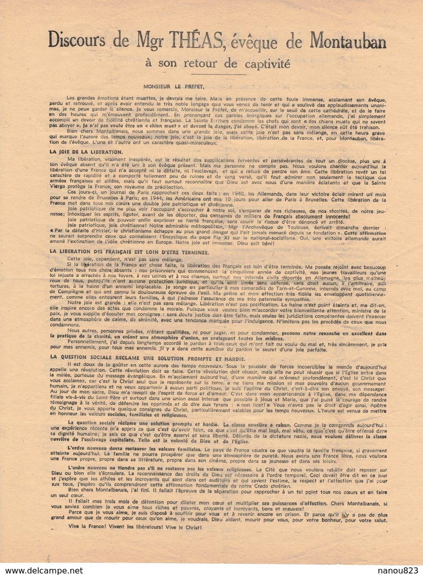 TOULOUSE MONTAUBAN HISTOIRE GUERRE 39/45 MILITARIA TRACT DISCOURS THEAS RETOUR CAPTIVITE FÊTE LIBERATION ARCHEVÊQUE - Historical Documents