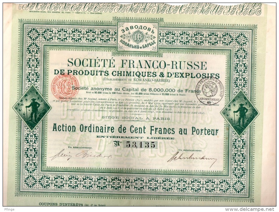 Société Franco-Russe De Produits Chimiques Et D'Explosifs (Ets De Kowanko-Ba- Action Ordinaire De Cent Francs Au Porteur - Industrie