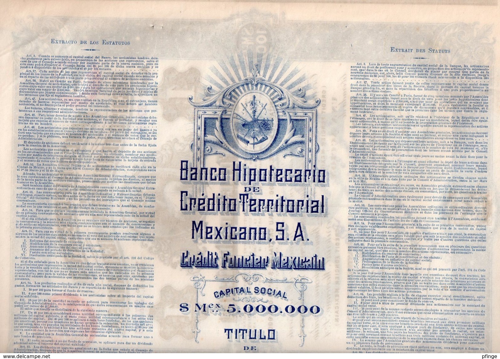 Banco Hipotecario De Credito Territorial Mexicano - Crédit Foncier Mexicain - Action De 100 Pesos - Banque & Assurance